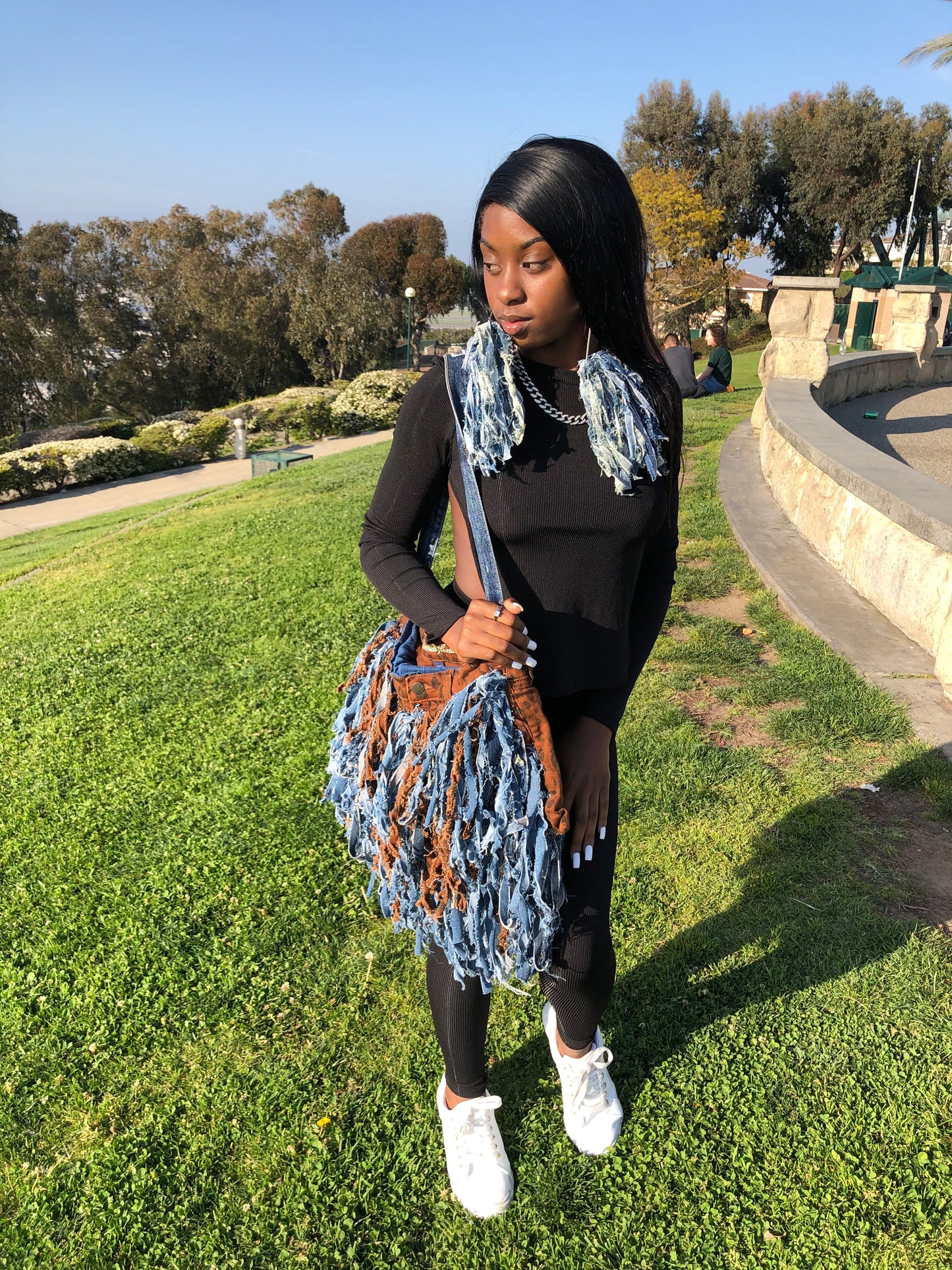 SHAGGY SHREDDED BROWN/JEAN DENIM PURSE