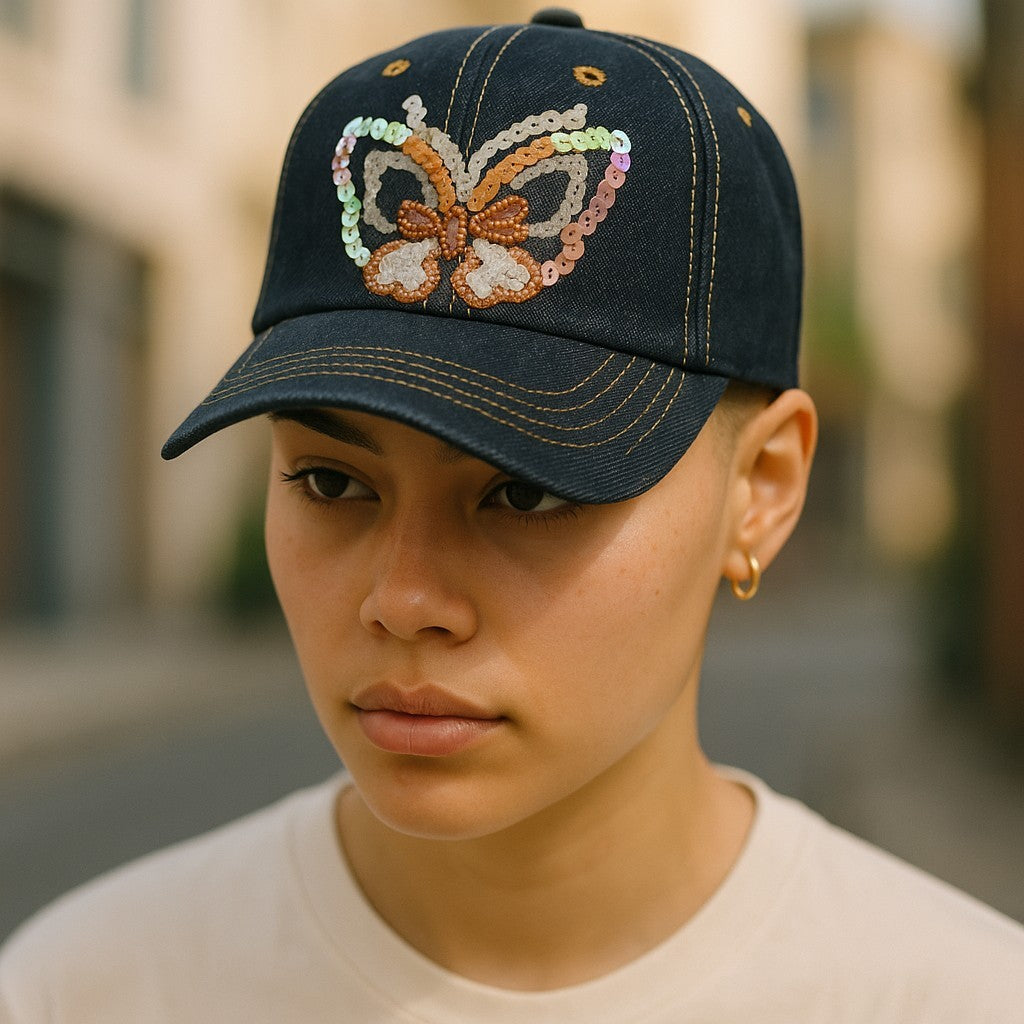DENIM CAP WITH BUTTERFLY